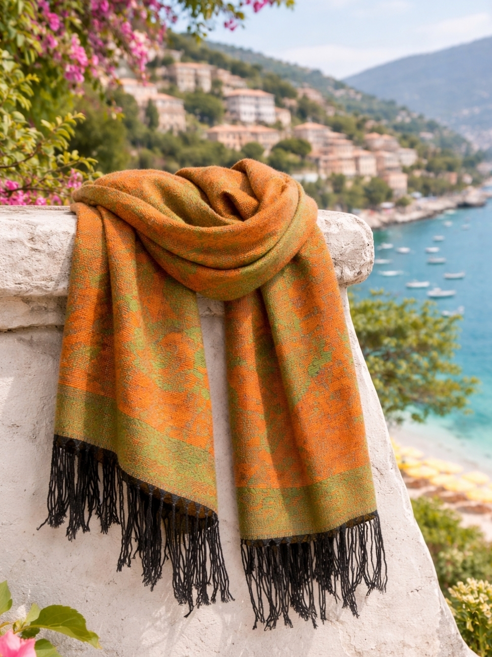 100% Pashmina Reversible Scarf Boho Chic Orange Green Fringe EUC